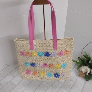 Cat & Jack Straw Tote with Pink Handles and Floral Design